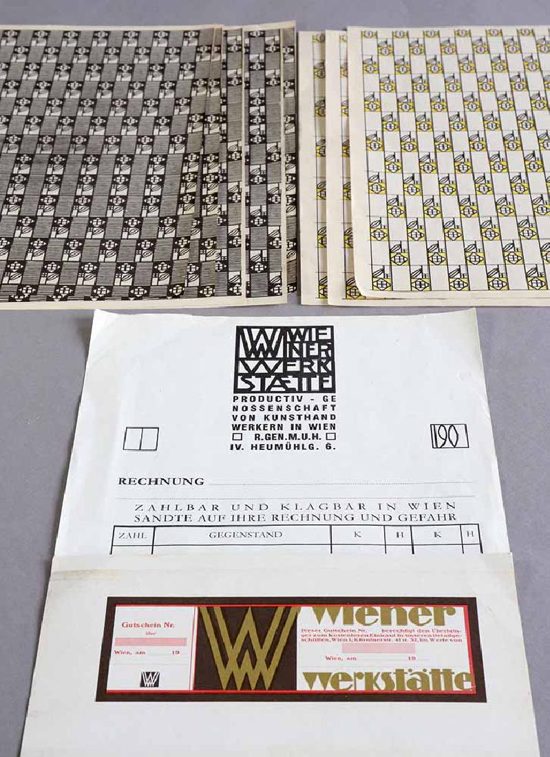 Wiener Werkstätte, Moser, Hoffmann, Likarz-Straus,: Collection of 10 printed materials. I. Voucher Wiener Werkstätte [...]. Design: Maria Likarz-Straus. Uncut sheet. 14.8 x 21 cm. II. Invoice Form Wiener Werkstätte 29.8 x 21 cm. III.-X. 8 she