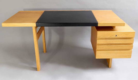 Olavi Hänninen, Huonekalu Mikko Nupponen, Desk: Desk model Paletti. Designed around 1960. Oak and black imitation leather. 72 x 165 x 70 cm