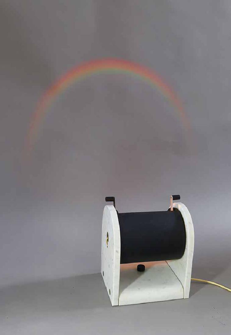 Andrea Bellosi, Flos, Floor Lamp Arc-En-Ciel: Floor lamp Arc-En-Ciel. Designed 1980. White marble with gray drawing, black and silver painted metal, glass prism. 28/30 x 25 x 25 cm.., Literature: Gramigna, Giuliana, 1950/1980 Repertorio, Mailand