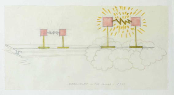 Lapo Binazzi, Design drawing for lights, 1973: Design drawing for lights. 1973. Drawing with pencil and colored pencil on tracing paper. 13.5 x 25.5 cm. Titled and dated lower center: Experiments in the Clouds 1973. Framed behind glass. Like Andre