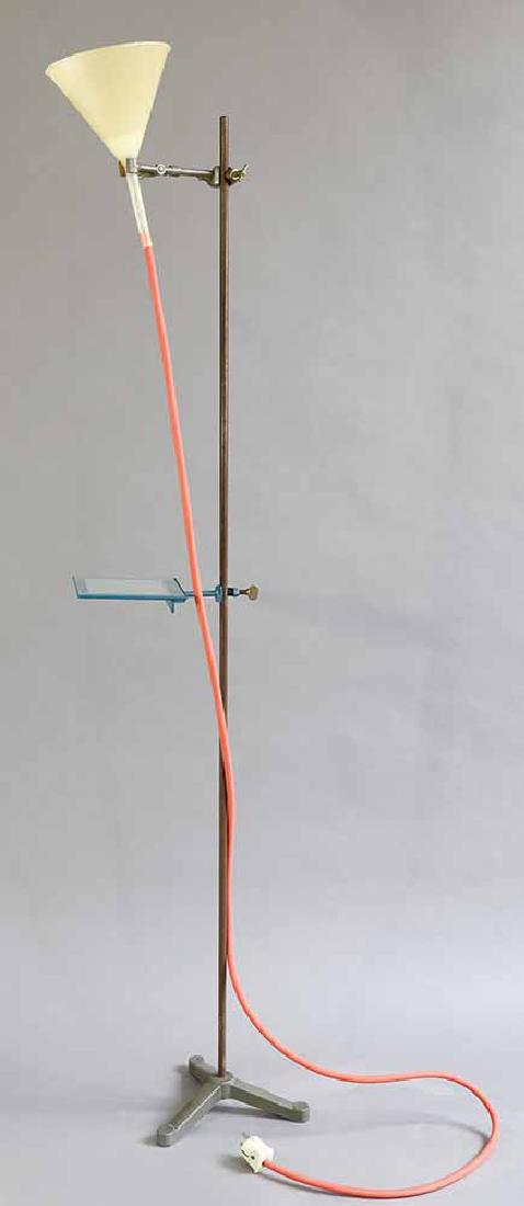 Jasper Morrison, Floor Lamp Mod. Laboratory Light: Floor lamp model Laboratory Light. Designed 1984. Metal, partially with hammered finish, glass shelf, plastic funnel, cable in red rubber tube. 161 x 40 x 25 cm.