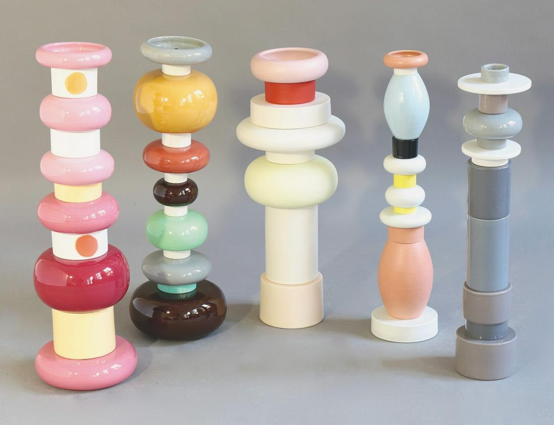 Ettore Sottsass, 5 Mini-Totems, complete set: 5 Sculptures Mini Totem, complete set in original wooden boxes. Designed in 1992. Stoneware, polychrome glazes. H. 46 - 52 cm. Indicated on the stand: 40/150 E.SOTTSASS BITOSSI MONTELUPO ITALY. Wooden