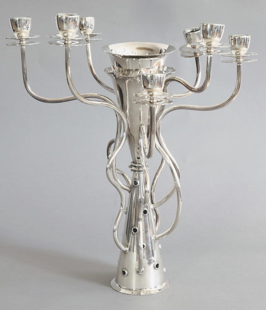 Borek Sipek, Driade, Candleholder Simon: Large candlestick Simon. Around 1990. 7-arm shape. Metal, silver-plated. Conical foot with hole-like openings, vase-like attachment with conical insert. H. 45.5 cm. On the bottom marked with company b