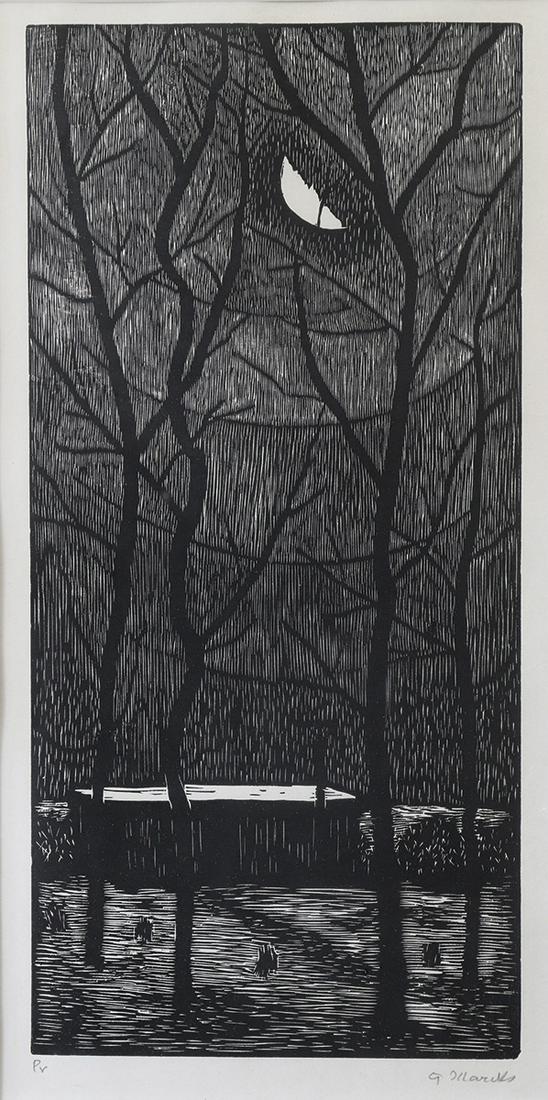 Gerhard Marcks* (1889-1981), Winternacht: Gerhard Marcks*, 1889-1981, Winternacht / Winter night. Woodcut. 1969. Woodcut on paper. 54.5 x 25 cm (cut-out 54 x 24.5 cm). Signed Marcks in black pen lower right and inscribed Pr (test print) in pe