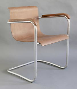 Hana Kucerova-ZaveskaTubular Steel Chair 1930s: Hana Kucerova-Zaveska, Hynek Gottwald, Tubular steel cantilever chair. Design and production 1930s. Chromed tubular steel, wood and deformed plywood, painted brown. 74.5 x 57 x 55 cm.