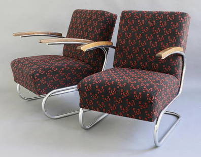 Hynek Gottwald 2 Tubular Steel Easy Chairs 1930s: Hynek Gottwald, 2 tubular steel cantilever armchairs. Designed in the 1930s. Chromed tubular steel, wood, black / red fabric, spring core upholstery. 80 x 57 x 80 cm. Remains of stickers on the unders