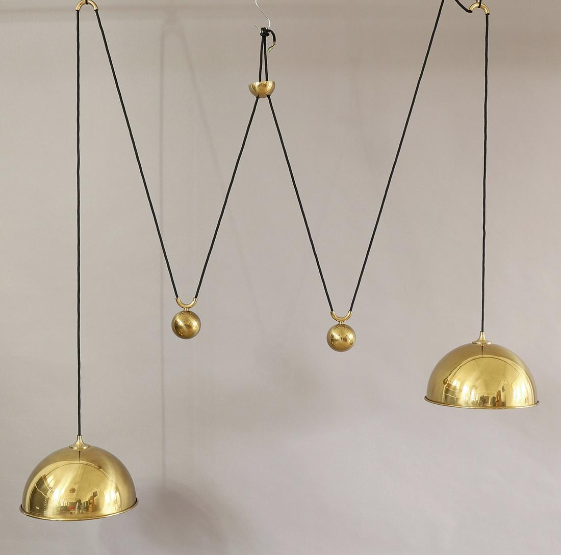 Florian Schulz Double Pendant Lamp Posa: Florian Schulz, Ludwigsburg, Double pendant light model Posa. Brass and black fabric cable. 160 x 150 x 31.5 cm.