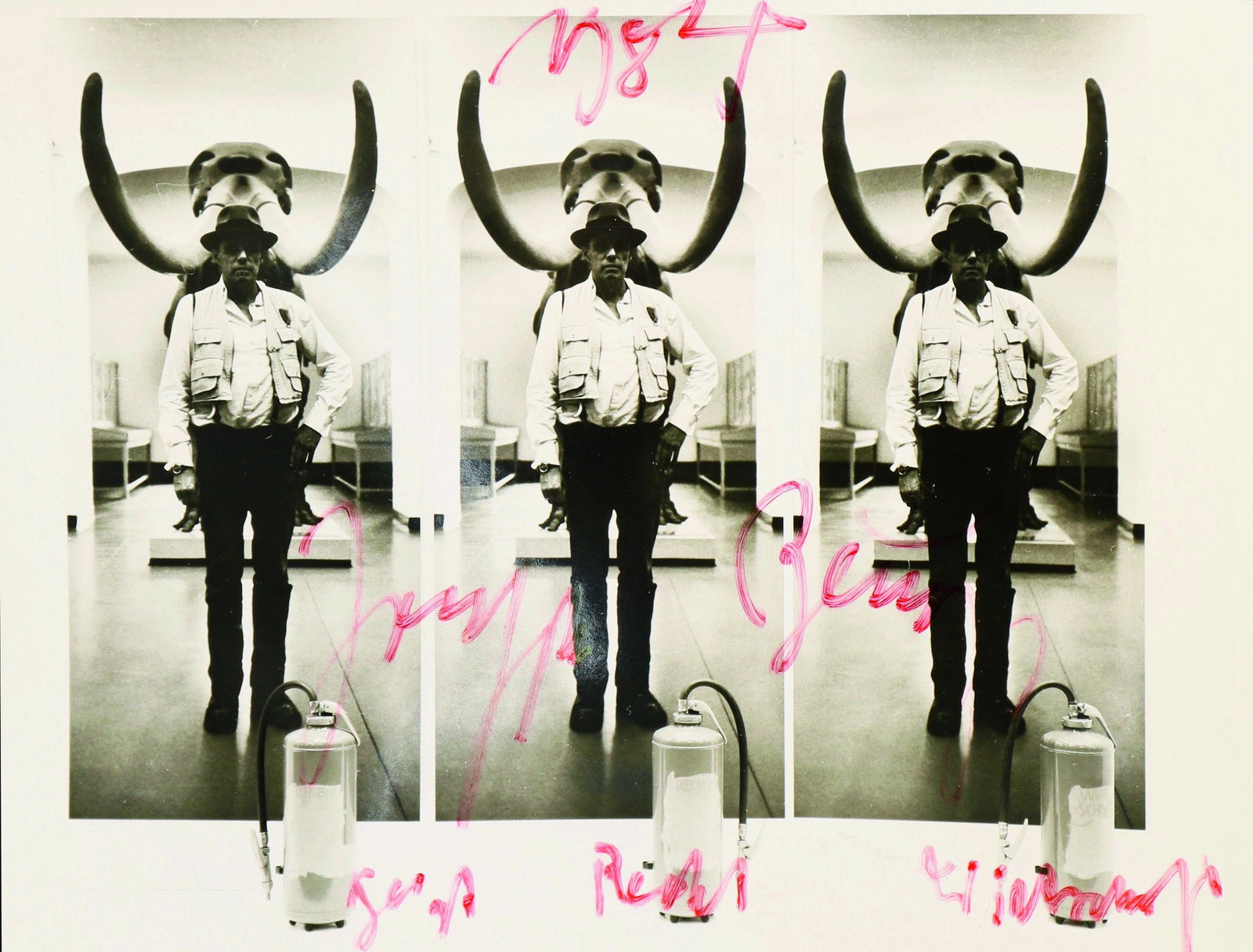 Joseph Beuys*, Kunst = Kapital: Joseph Beuys*, (1921-1986), Photograph revised with red pen. It shows presumably the poster (3x), of Josef Beuys in front of a mastodon skeleton in the 'Hessisches Landesmuseum Darmstadt'. This motif