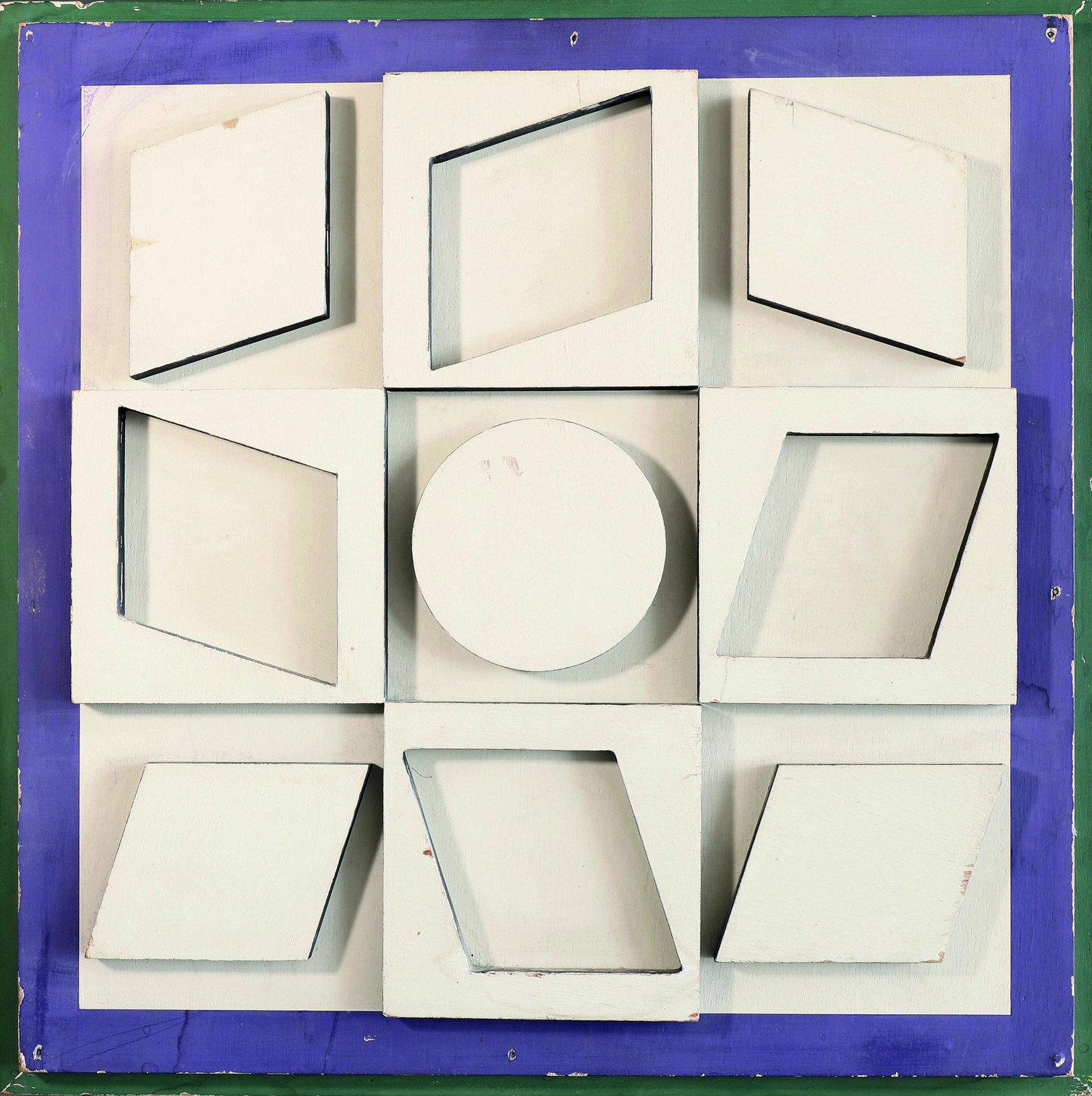 Victor Vasarely*, Relief Dyok Positif Denise Rene: Victor Vasarely*, (1906-1997), Dyok Positif. 1966. Number 31 from an edition of 50 copies. Wood painted green, purple and white. 36 x 36 x 4 cm. Inscribed with adhesive label by the editor Denise Ren&