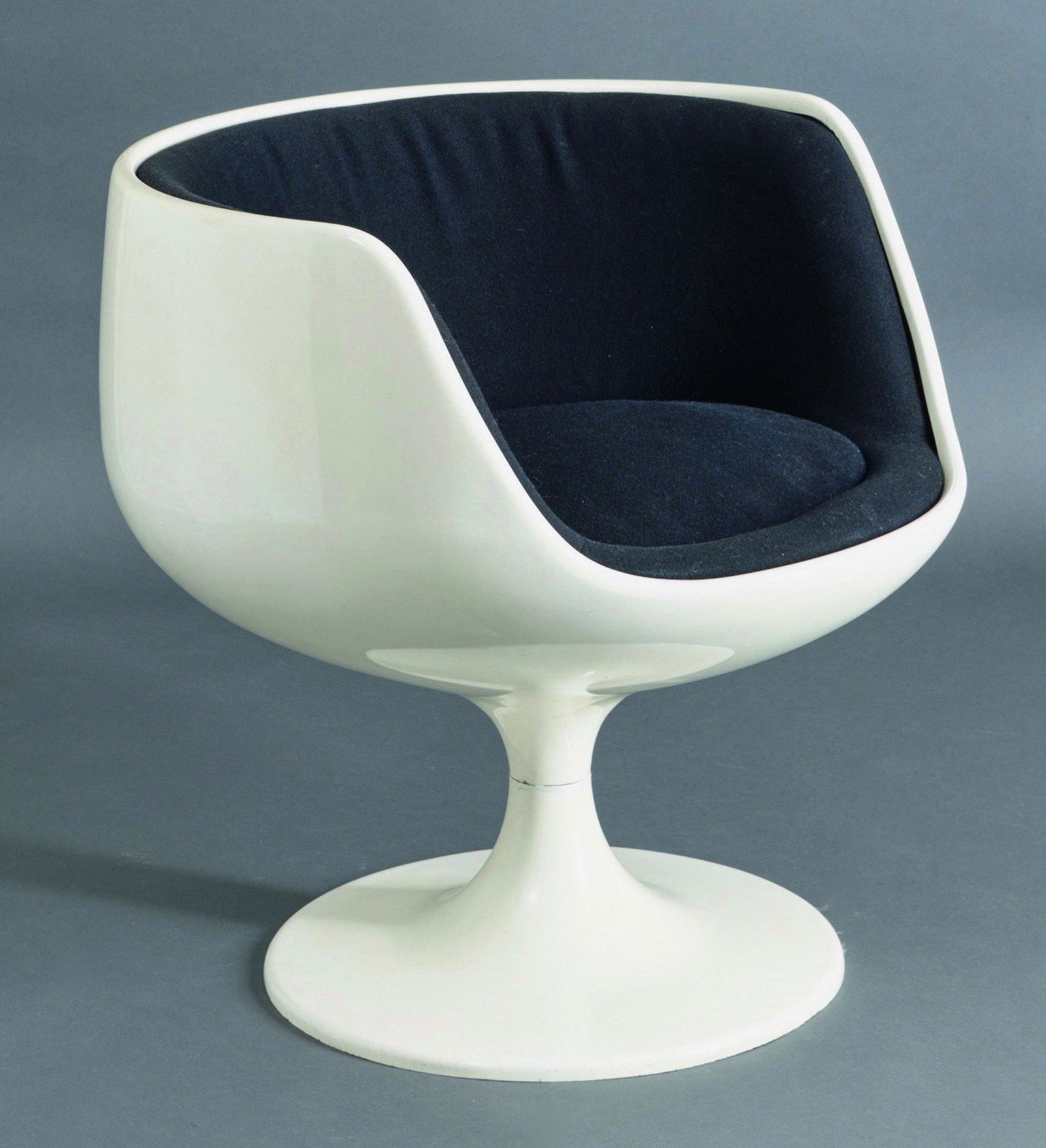 Eero Aarnio, Asko, Easy Chair Model Cognac Sirius: Eero Arnio, Asko, Lahti, Armchair model Cognac / Sirius. Designed in 1967. White lacquered, fiberglass-reinforced plastic, black fabric. 68 x 68 x 68 cm., Literature: Liselotte Koller, Wohnkultur mit