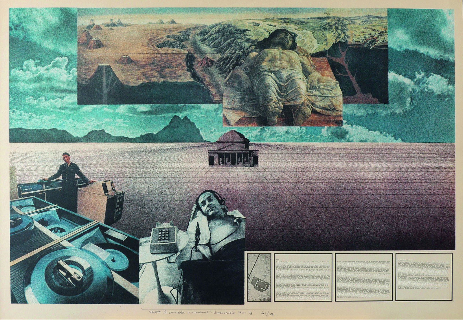 Superstudio signed and limited Graphic 'Morte' 41/100: Superstudio, Signed and limited graphic 'Morte'. Designed 1971-73. Multi-colored screen printing. H. 69 x W. 99 cm. Inscribed with 'Morte (il Cimitero di Modena)' - Superstudio 1971-73.