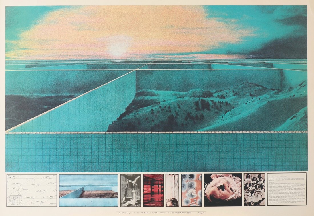 Superstudio signed and limited Graphic: Superstudio, Signed and limited graphic 'La Prima Citta'. Designed in 1971. Multicolored screen printing. H. 69 x W. 99 cm. Inscribed with 'La Prima Citta (Da: Le Dodici Citta' ideali '- Superstudio 1