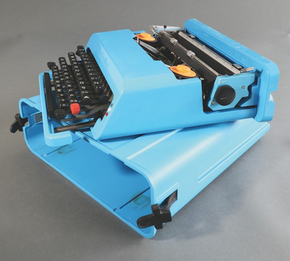 Ettore Sottsass Olivetti blue Typewriter Valentine: Ettore Sottsass, 1917-2007, Olivetti, Blue portable typewriter model Valentine. Designed in 1969. Blue plastic, various materials. 11.5 x 34.5 x 35 cm. Marked with 'Olivetti' and 'Valentine'. The blue