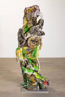 Antonius Höckelmann*, Mixed Media Sculpture: Antonius Höckelmann*, (1937-2000) Sculptural object / figure. Mixed media (aluminum foil, fabric, cords, different colors, glue, etc.). Standing figure, mounted on a metal base. H. approx. 130 cm