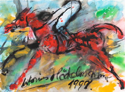 Antonius Höckelmann*, Red horse with rider: Antonius Höckelmann*, (1937-2000) Red horse with rider. 1999. Mixed media on firm Arches laid paper. 56.5 x 76.5 cm. Embossed paper: AQUARELLE ARCHES. Signed and dated in black brush script: Anto