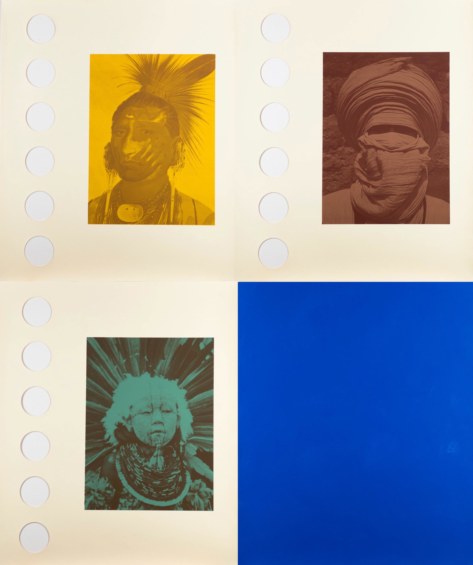 Gerhard Merz*, Mono Cane, 4 Sheets: Gerhard Merz*, (*1947) Mondo Cane. Set of 3 color serigraphs with punched circular openings, a gouache / paper. 76 x 64.5 cm. From an edition of 30 copies, here number 18. Signed and numbered in penci