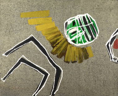 Willem Hussem, abstract painting, 1959: Willem Hussem, (1900-1974) Untitled. 1959. Abstract composition. Mixed media on rough canvas. 90 x 110 cm. Signed and inscribed in pen on verso: W. Hussem, 59.