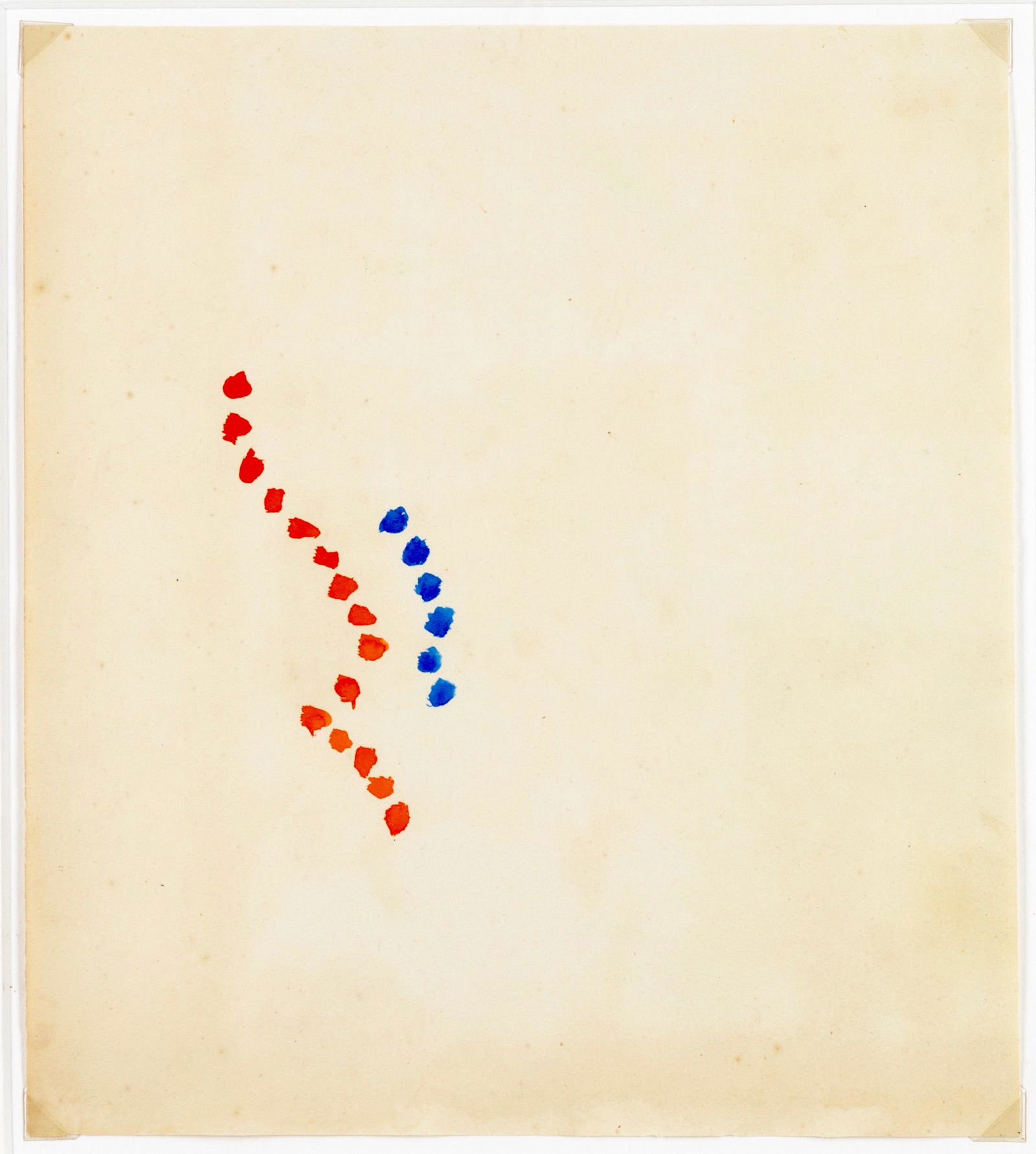 Richard Tuttle, Untitled, Orange and Blue: Richard Tuttle, (*1941) Untitled. Orange and blue dots. Watercolor on paper. 21x23 cm. Verso monogrammed and dated in pencil: R.T. 73. Framed behind glass and so described.