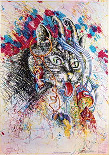 Christian Ludwig Attersee, Servierlustkatze, AP: Christian Ludwig Attersee, (*1940) Servierlustkatze. 1974. Color lithograph on wove paper. From an edition of 25 pieces, her the number 15. 69 x 49 cm. Inscribed, signed, dated and numbered in pencil