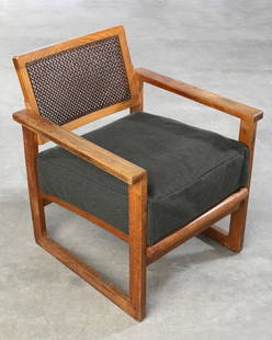 Peter Keler, Albert Walde, Easy Chair Model 102: Peter Keler Albert Walde Armchair model 102. Designed 1925/26. Wood, wickerwork, seat cushions with green fabric. 74x61x69cm. From 1919 to 1921 Keler was at the Staatliches Bauhaus Weimar..