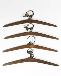 Walter Bosse, 4 Coat Hangers with Animals: Walter Bosse 4 hangers with animal figures. 1950s. Bronze, partially patinated, partially polished and teak. Cat, Monkey, Donkey, Mouse. Approx. 14 x 44 x 3 cm.