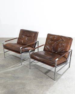 Kastholm&Fabricius, Kill Int., 2 Lounge Chairs FK 6720: Preben Fabricius & Jørgen Kastholm Kill International 2 lounge chairs, model FK 6720. Designed in 1965. Chromed flat steel, brown leather. 73x73x73 cm. Literature: Firmenprospekt, Faltblatt Kil