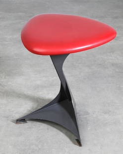 Santiago Calatrava, Stool from Tabourettli Theatre Basel: Santiago Calatrava Stool from the Tabourettli Theater in Basel. Designed 1986. Gray painted metal, wood, red leather. 47.5x41x41cm. In 1986/87 Calatrava remodeled the Tabourettli Theater in Basel and