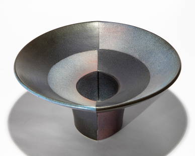 Karl Scheid, large bowl with geometric decor: Karl Scheid Large bowl. 1999. Stoneware. Geometric decor with alternating surfaces in structured blue-red and smooth black. Pointed oval shape. 14 x 36 x 32cm. Marked on the bottom with label, worksho