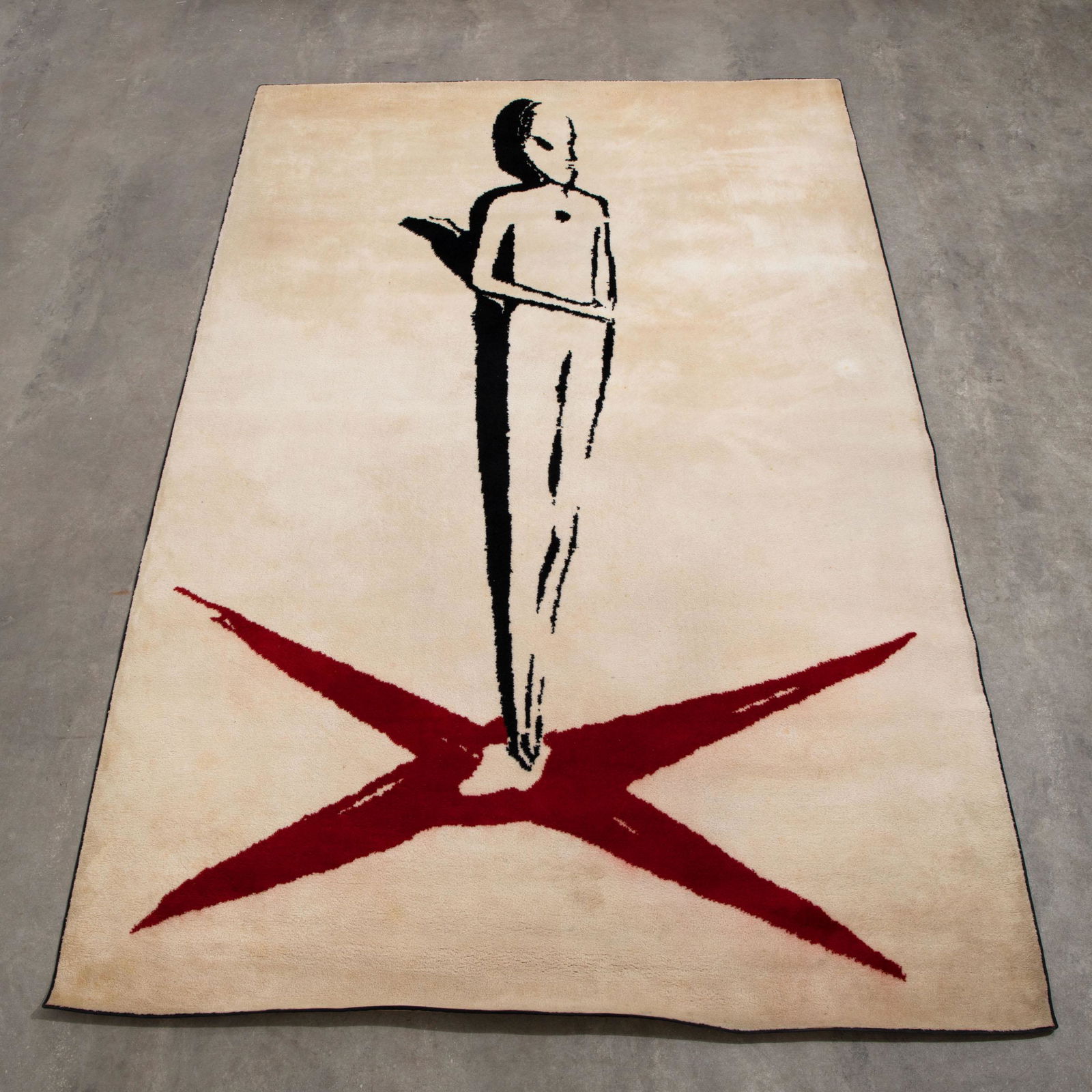 Enzo Cucchi, Vorwerk, Carpet from the Arterior series: Enzo Cucchi Vorwerk Artist carpet from the Arterior series. Design 1990s. Wool, depiction of a human being with a black contour over a red star on a cream-white background, with black piping. 292 x 19
