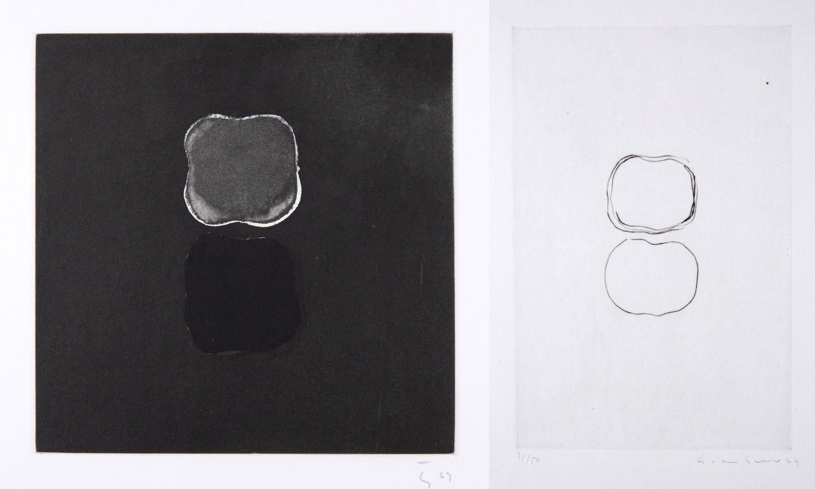 Gotthard Graubner*, 2 etchings (two black cushions/ two white cushions): Gotthard Graubner*, (1930-2013) 2 etchings. Sheet 1: Two pillows (white). 1969. Etching. Number 31 from an edition of 50 copies. 54 x 39 cm. Numbered lower left: 31/50. Signed and dated in pencil lowe