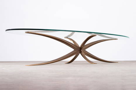 Michel Mangematin, oval Coffee Table: Michel Mangematin Oval coffee table / sofa table. Draft 1960s/70s. Cast bronze, glass. 34 x 187 x 72 cm.