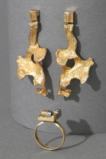 Björn Weckström, Lapponia, Ring 18K gold and 2 Earrings, gold 14K: Björn Weckström Lapponia, Helsinki Ring and 2 stud earrings. 1971/ 1972. Gold 18K/ 14K. Ring: gold 18K/750, weight 5 g. Stud earrings: gold 14K/585, weight 13 g. All parts marked: company ma