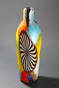 Dino Martens, Aureliano Toso, Vase Oriente: Dino Martens Aureliano Toso, Murano Vase Oriente. Around 1950. Colorless glass with polychrome fusions of Zanfirico glass rods, opaque frills in red, white, yellow, light blue, black violet and aventu