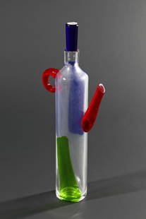 Jan le Witt, Aureliano Toso, Murano, Bottle with stopper: Jan Le Witt Aureliano Toso, Murano Bottle with stopper. 1950s. Colorless glass with polychrome applications and vertical polychrome band fusions. H. 37 cm. Inscribed on the stopper with a round paper