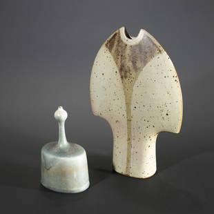 Karl Scheid, 2 Vases: Karl Scheid 2 vases. 1968, 1990. Porcelain. Large flattened wing shape with dark speckled glaze and collar-like mouth bordered in multi-tone olive brown, 28.5 x 20 x 6 cm, inscribed on the bottom with