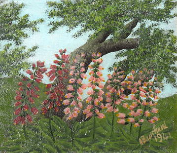 André Bauchant, Untitled (Digitalis/Foxglove): André Bauchant, (1873-1958) Untitled (Digitalis/Foxglove). 1941. Oil on wood. 19 x 22 cm. Signed and dated lower right: ABauchant 1941.