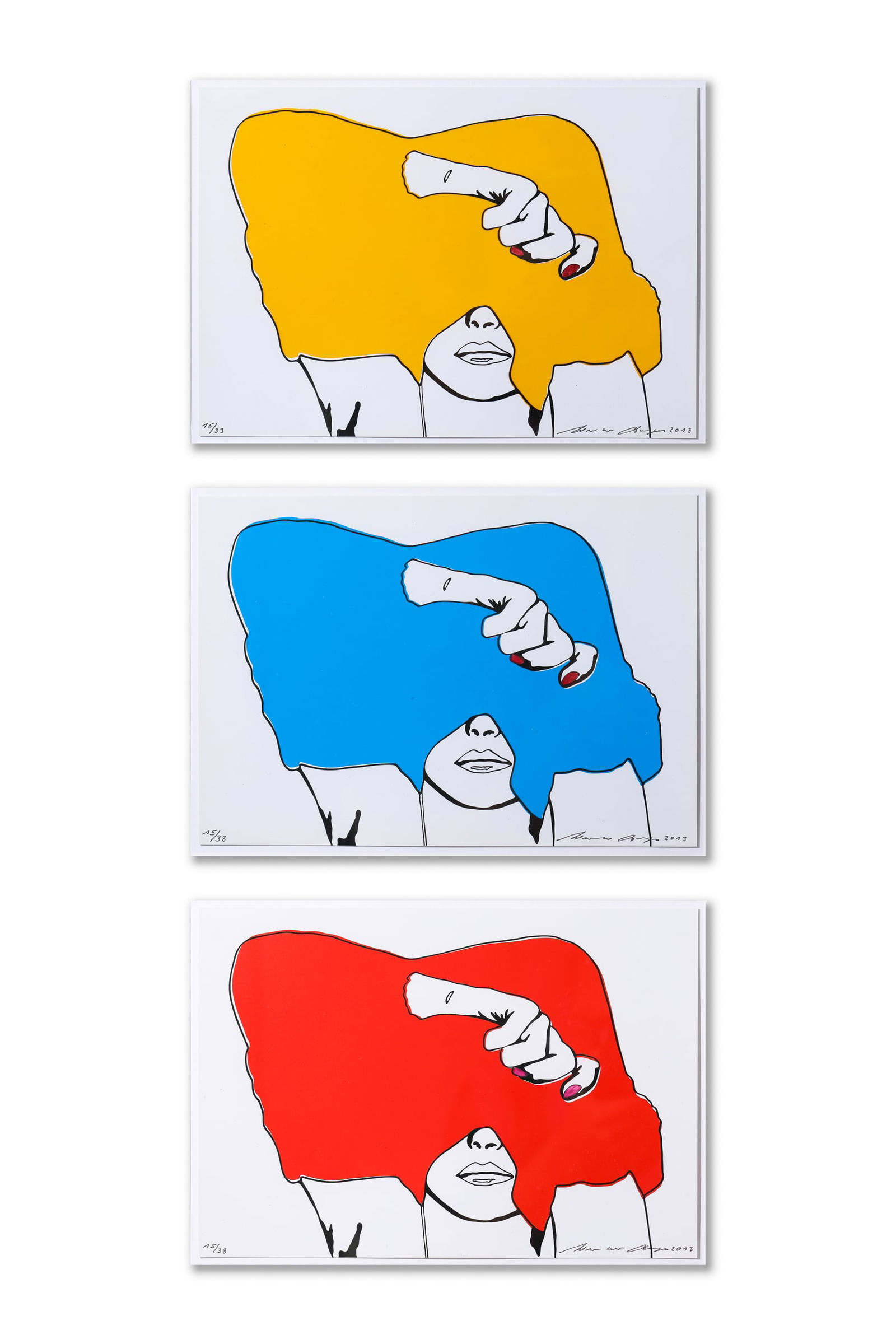 Werner Berges*, 3 graphic prints, hand-colored: Werner Berges*, (1941 - 2017) 3 works / prints. Hand colored, 2013. 20 x 28.5 cm. Each sheet numbered: 15/33, signed and dated: Werner Berges 2013. Framed behind glass with a passe-partout.