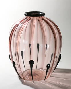 Vittorio Zecchin. A Goccioloni Vase: Vittorio Zecchin Murano Goccioloni vase. 1920s. Pale purple, optically ribbed glass, mouth and eight drops of deep purple.