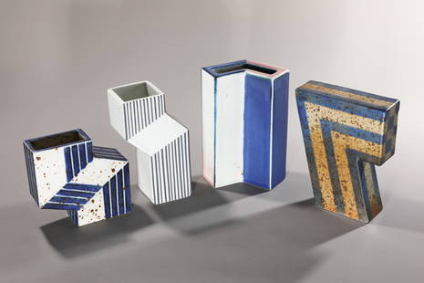 Karl Scheid, Four Vases, 1993-2005: Karl Scheid Karl Scheid, four vases, 1993-2005. Porcelain or stoneware, polychrome glazed, geometric patterns. H. 12, 16, 16.5 and 17 cm. Three vases marked on the bottom: artist's signet, 93 and 05,