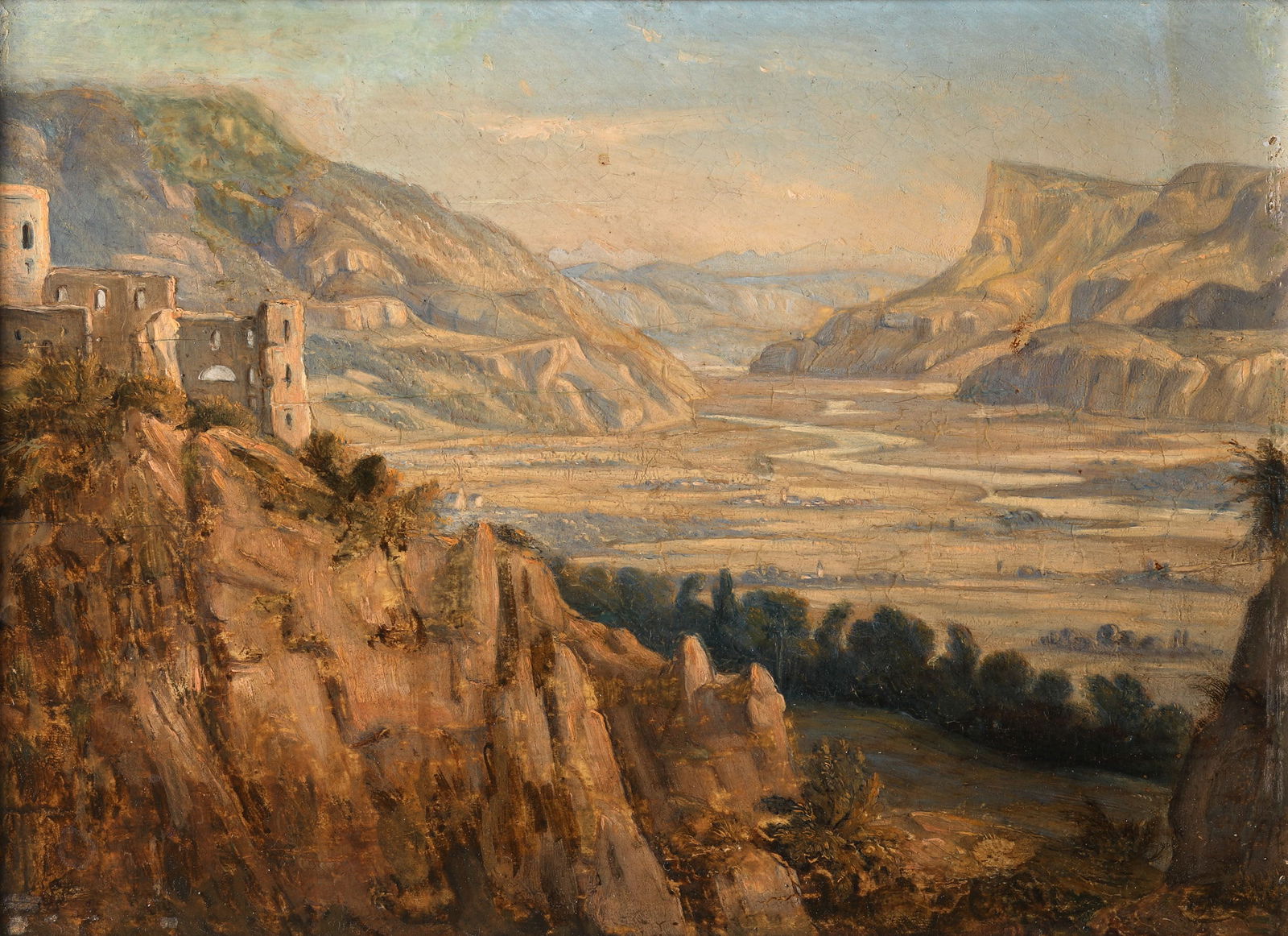 Carl Rottmann, Oil on wood, ca. 1818: Carl Rottmann, (1797-1859) Untitled. Val d'Adige near Meran, in the foreground on the left Brunnenburg, behind it is hidden Meran, in the background on the right Monte Penegal. Oil on wood. 20.7 x 28.