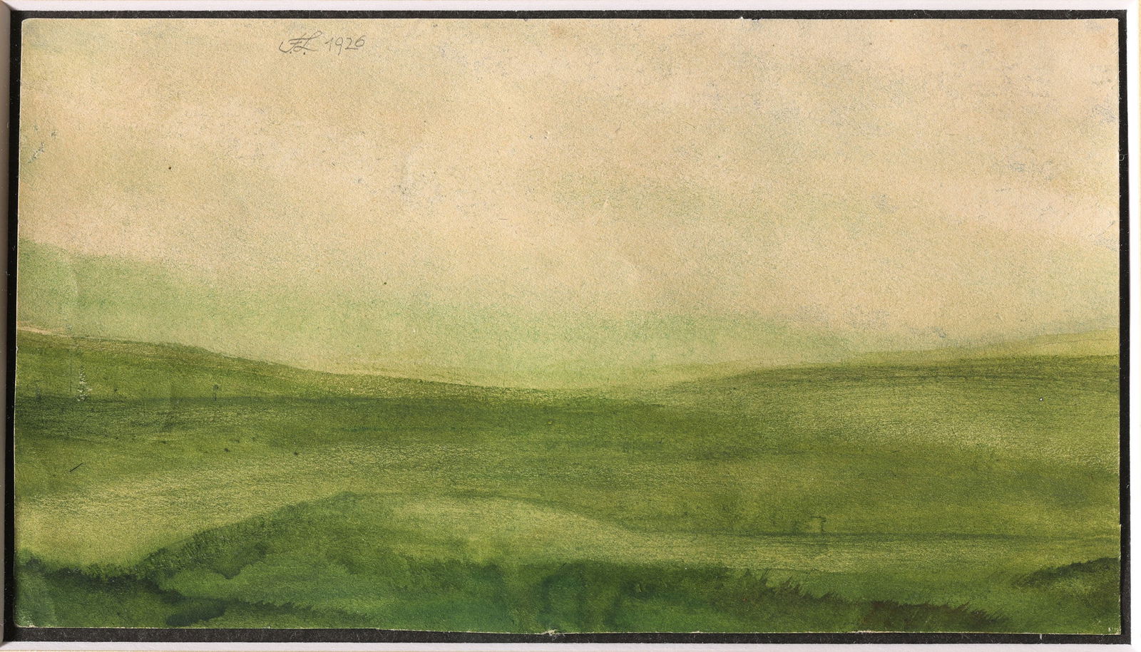 Franz Lenk*, Landschaft in Grün. 1926. Watercolor on paper: Franz Lenk*, (1898-1968) Landschaft in Grün / Landscape in green. 1926. Watercolor on paper. 10.5 x 19 cm. Monogrammed and dated in pencil at the top left: F.L.1926. Framed behind glass and descr