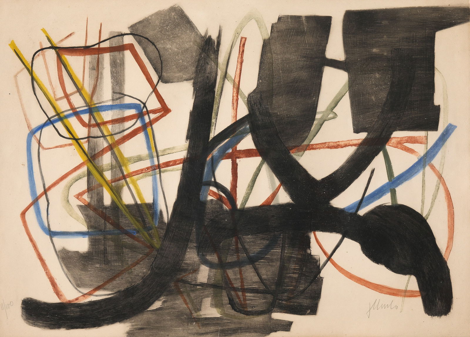 Fritz Winter*, Radierung IV. 1951: Fritz Winter*, (1905-1976) Radierung IV / Etching IV. 1951. Color etching on paper. 48.5 x 67.3 cm. Here number 11 from an edition of 100 copies. Numbered in pencil lower left: 11/100, signed in penci