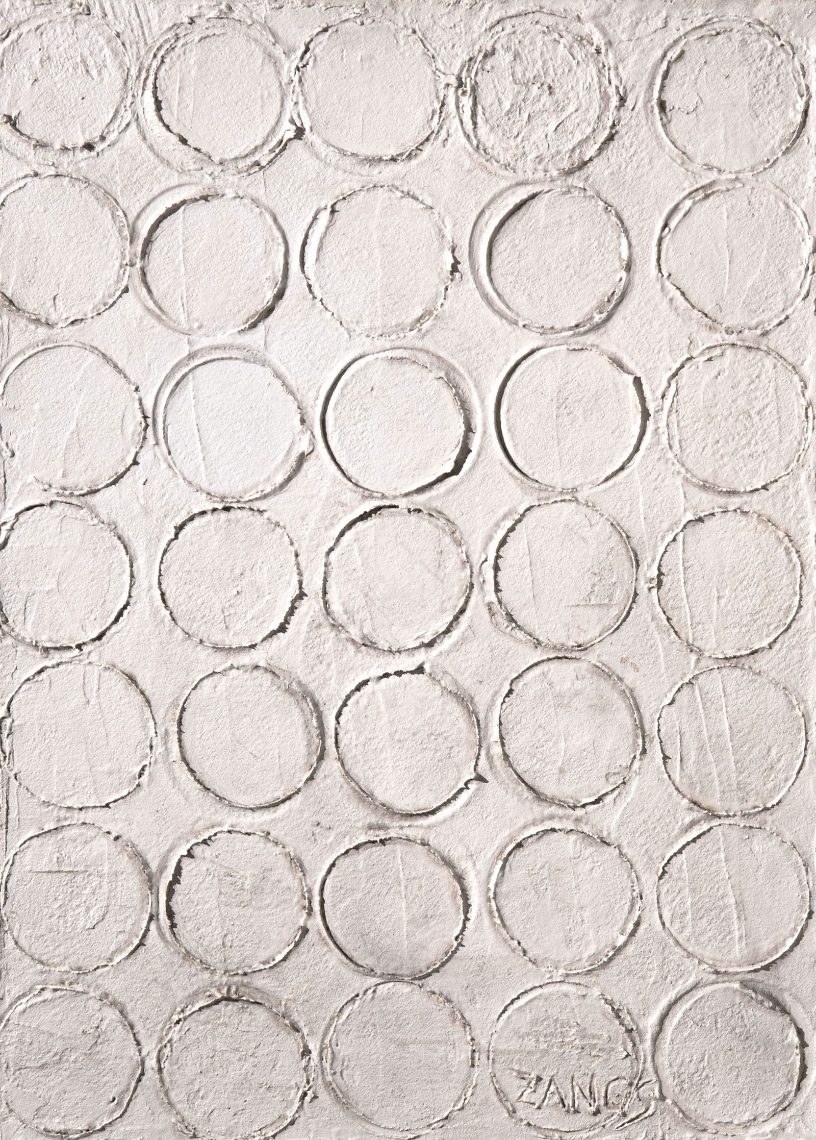 Herbert Zangs*, 1976, Relief image 35 circles. Mixed media/canvas: Herbert Zangs*, (1924-2003) Untitled. 1976. Relief with 35 circles. Mixed media on canvas. 58 x 42 cm. Recto signed: ZANGS (scratched). Signed and dated in felt-tip pen on the verso: ZANGS 76. Also in