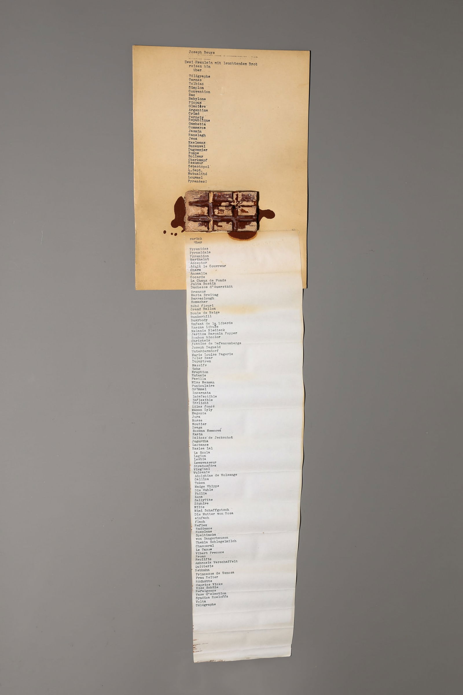 Joseph Beuys*, Mappe dé-coll/age 5, Zwei Fräulein mit Leuchtendem Brot. 1966: Joseph Beuys*, (1921-1986) Zwei Fräulein mit leuchtendem Brot / Two Misses with Shining Bread (catalog raisonné Schellmann No. 2). 1966. Cardboard, paper, chocolate painted over with oil p