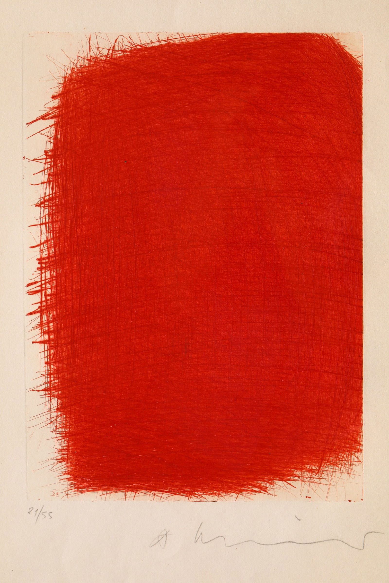 Arnulf Rainer*, Untitled, 1981, Etching in red, signed: Arnulf Rainer*, (*1929) Untitled. 1981. Etching in red on laid paper. 35 x 25 cm. Numbered in pencil lower left, signed in pencil lower right: 21/ 55 A. Rainer. Framed behind glass and described as su