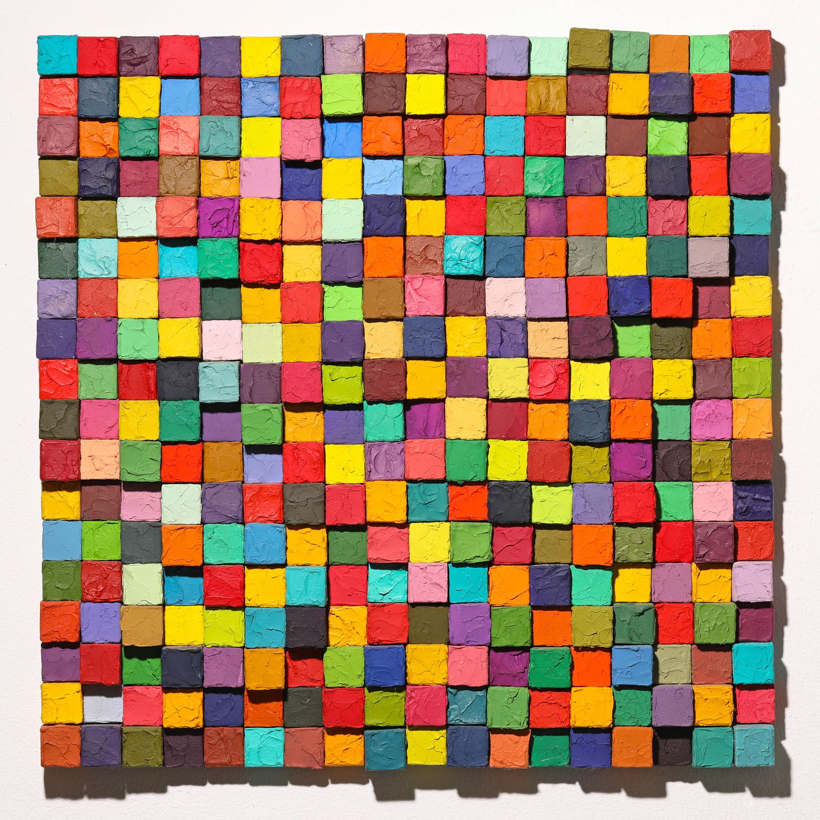 Carlos Estreda-Vega, Composition #1 II decade, Carmelita, 2003, wall object: Carlos Estrada-Vega Composition #1 II decade 'Carmelita'. 2003. Oil on magnetic wooden cubes covered with canvas, on metal plate. 44x44x2.9cm Inscribed and signed in felt-tip pen on the verso: Carlos