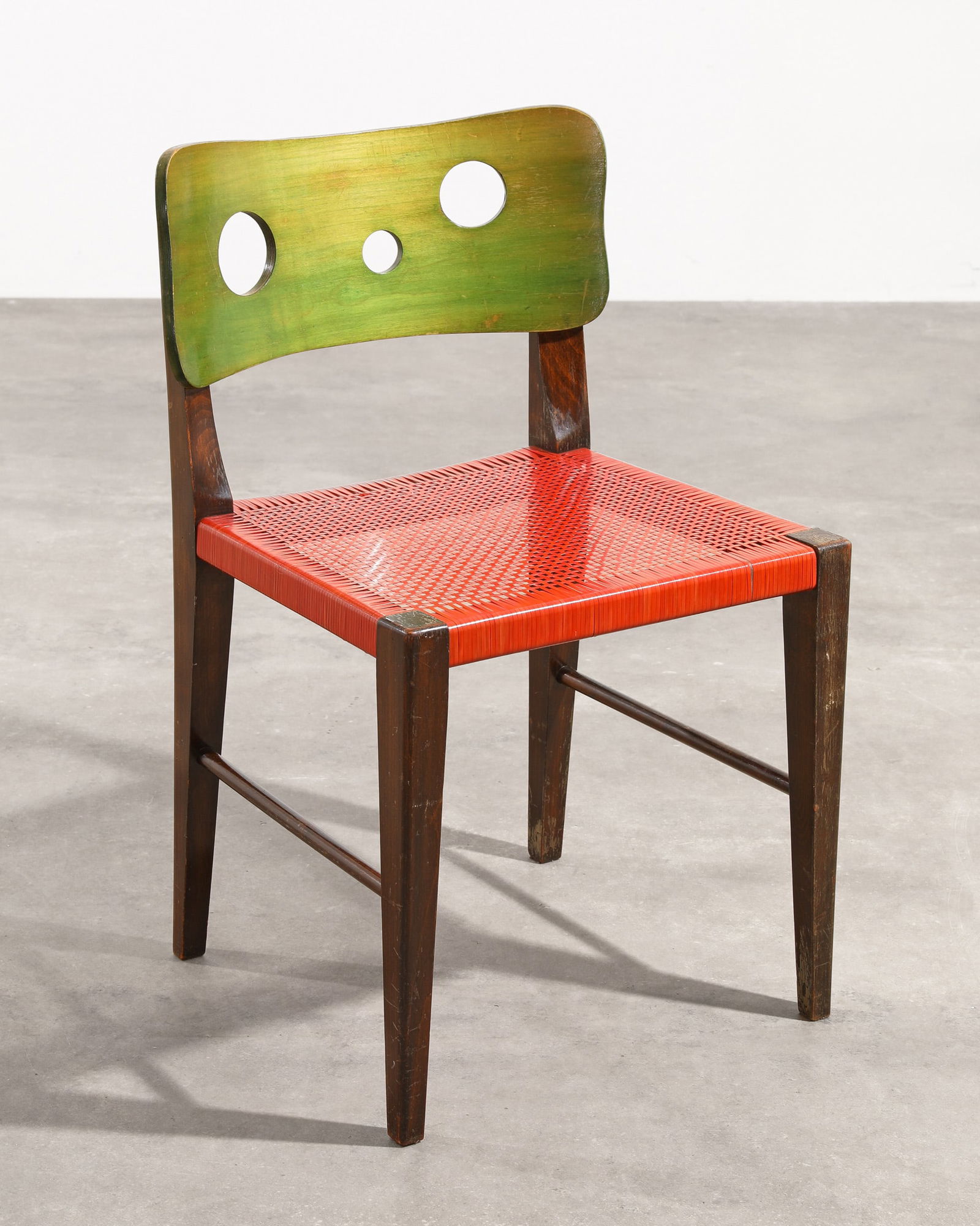 Bodo Rasch, Chair for the Café Insel in Stuttgart: Bodo Rasch Chair for the Café Insel in the house of the German Employees' Union in Stuttgart. Designed in 1946-49. Stained wood and plywood, plastic covering. 76 x 46 x 49 cm. Variant with back