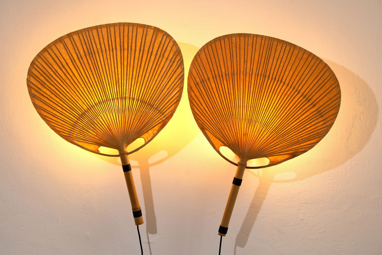 Ingo Maurer, Design M, 2 Wall Lights, model Uchiwa: Ingo Maurer Design M 2 Wall Lights, model Uchiwa. Design 1970s. Bamboo, rice paper, metal. 75 x 58 x 16 cm. Literature: Helmut Bauer, Ingo Maurer: Making Light, München 1992, Abb. S. 64 ff..
