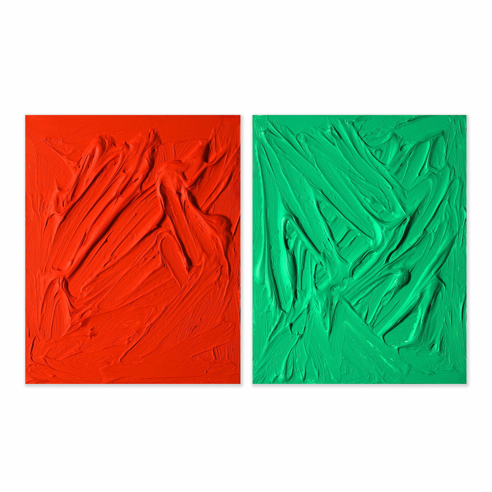 Gerhard Merz* (1947), Orange and Grün, 1997: Acrylic and pigment paint on aluminum. Edition Schellmann Munich-New York. Each 50 x 40 x 3 cm. Here number 19 from an edition of 30 + 6 AP copies. Inscribed, numbered and signed on the reverse.