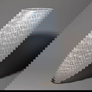 Tobias Mohl, Vase, 2005: Cased glass, colorless with fused white spiral bands, frosted surface, lip with white thread overlay. H. 53 cm. Inscribed on the base: Tobias Mohl 2005 (engraved).